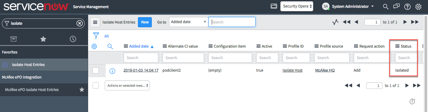 On McAfee ePO Isolate Host Entries table, Status column with Isolated highlighted.
