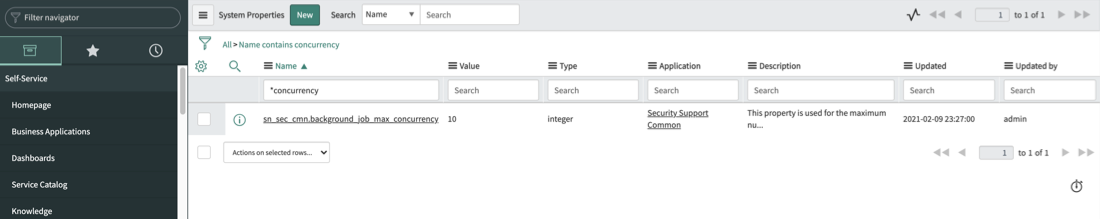 The sn_sec_cmn.background_job_max_concurrency system property in the list view.