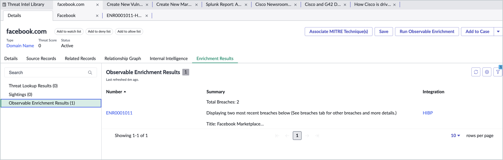 Observable enrichment results section