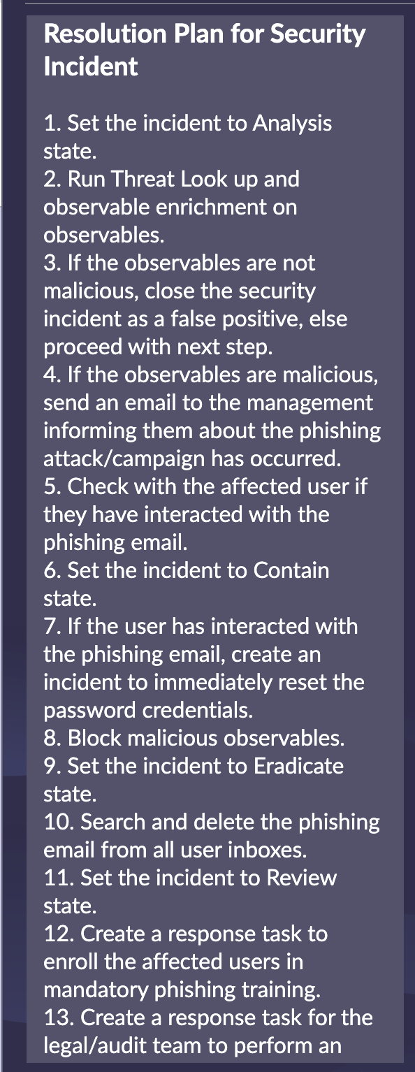 Resolution plan for a security incident.