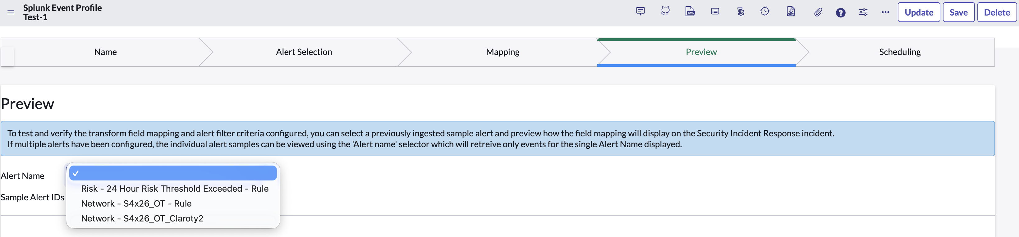 Select alert choice list expanded.