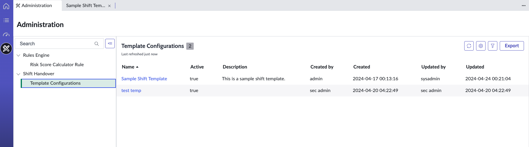 Shift Handover Template Configurations