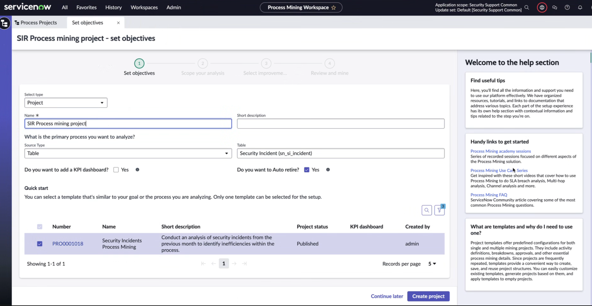 Create a process mining project
