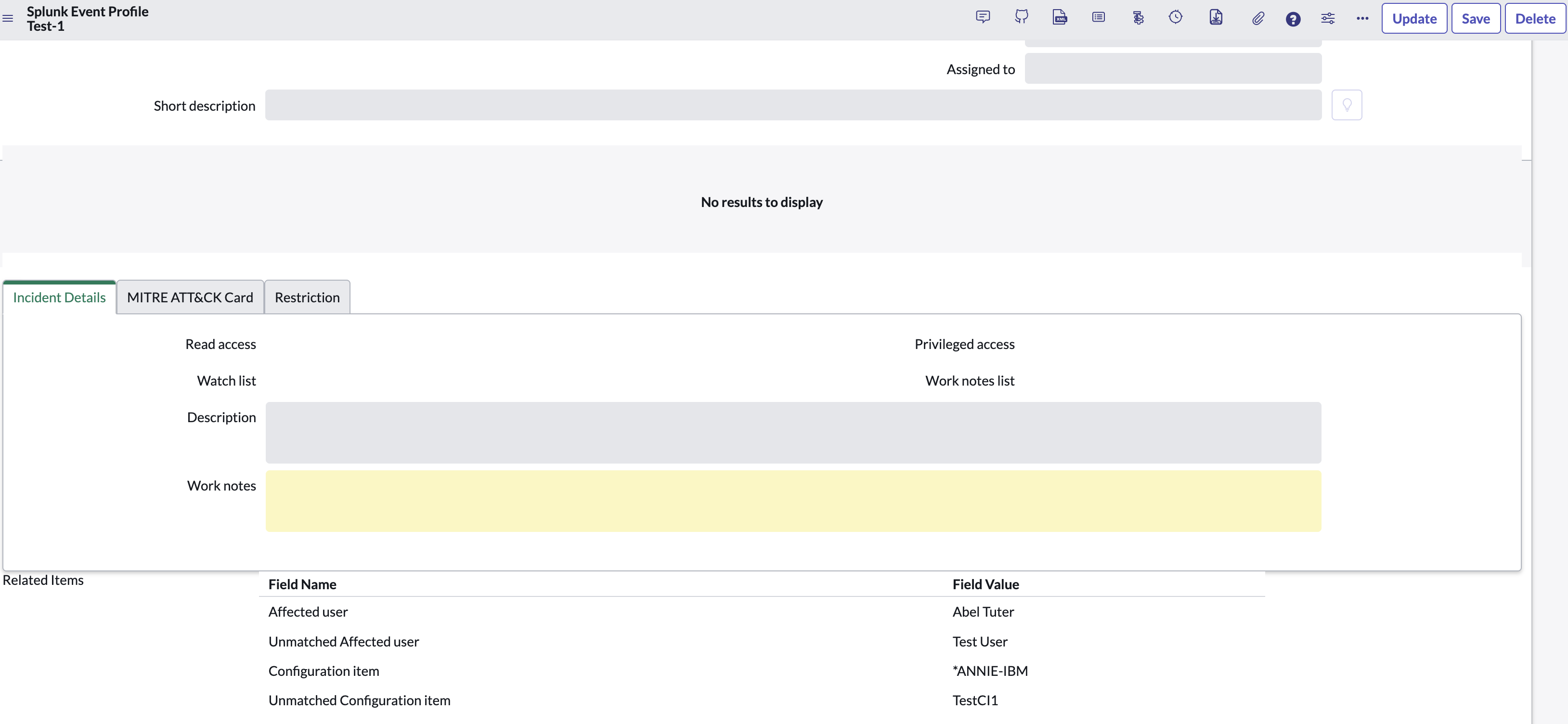 Work note and Description fields on the security incident preview.