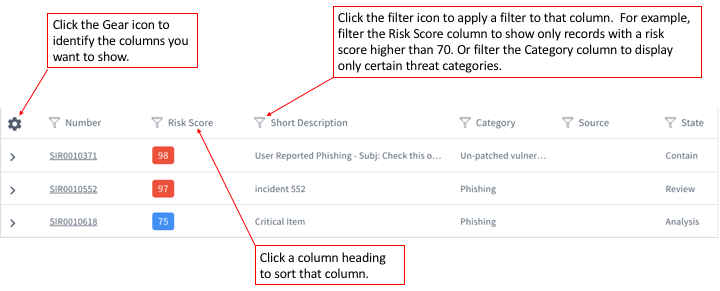 Security incident list filtering options
