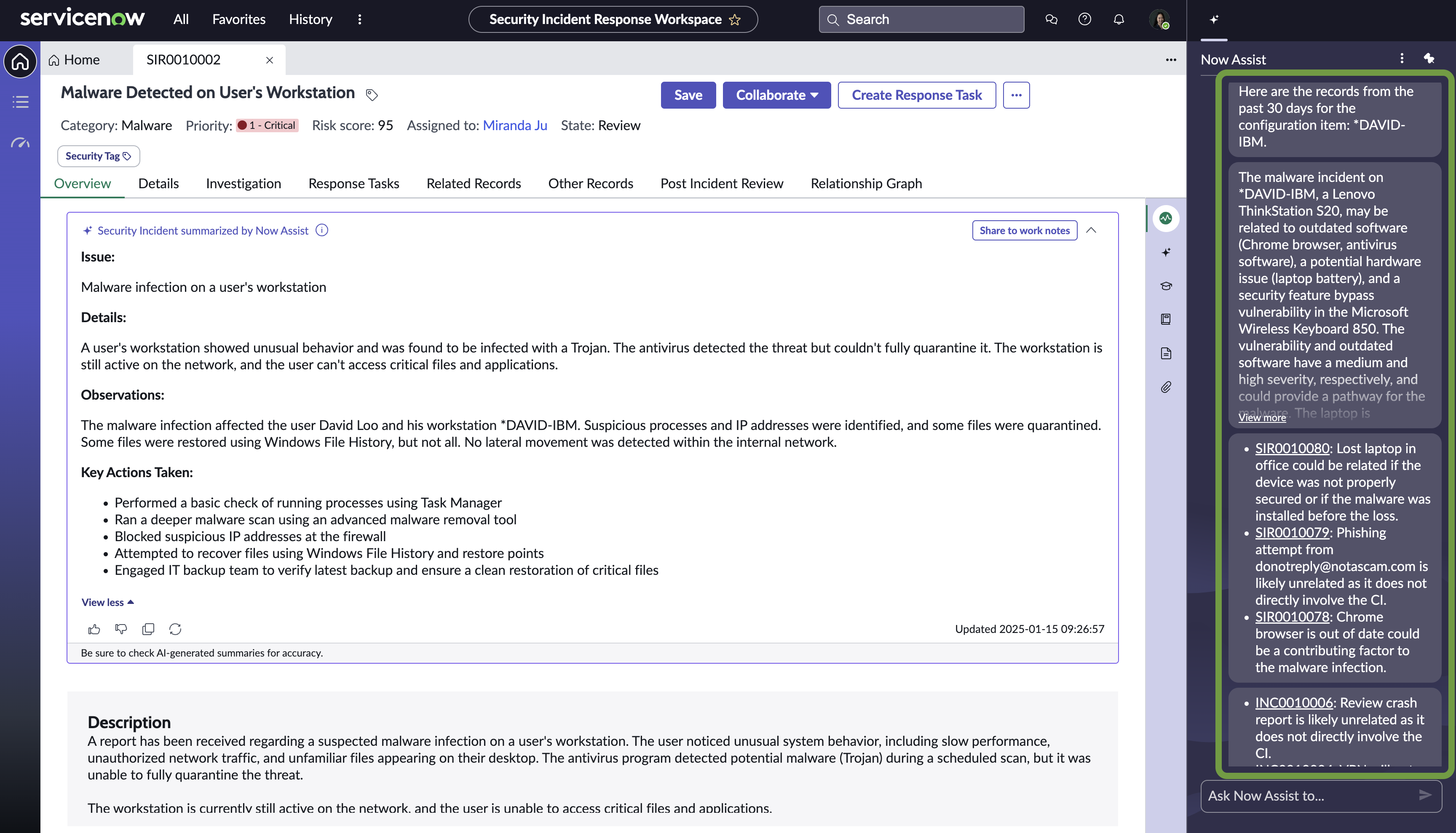 Now Assist panel with returned records for a configuration item for correlation insights.