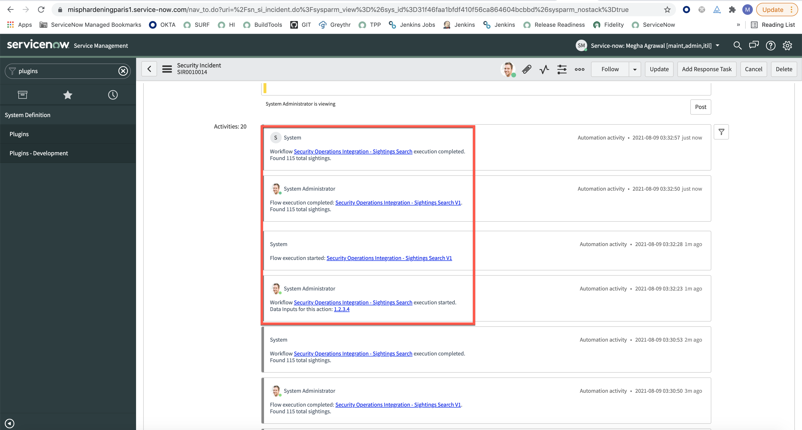 Manual sighting search results in the work notes.