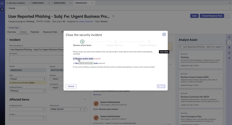 Close the security incident pop-up window: Reviewing active tasks.