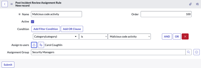 PIR assignment rule configuration