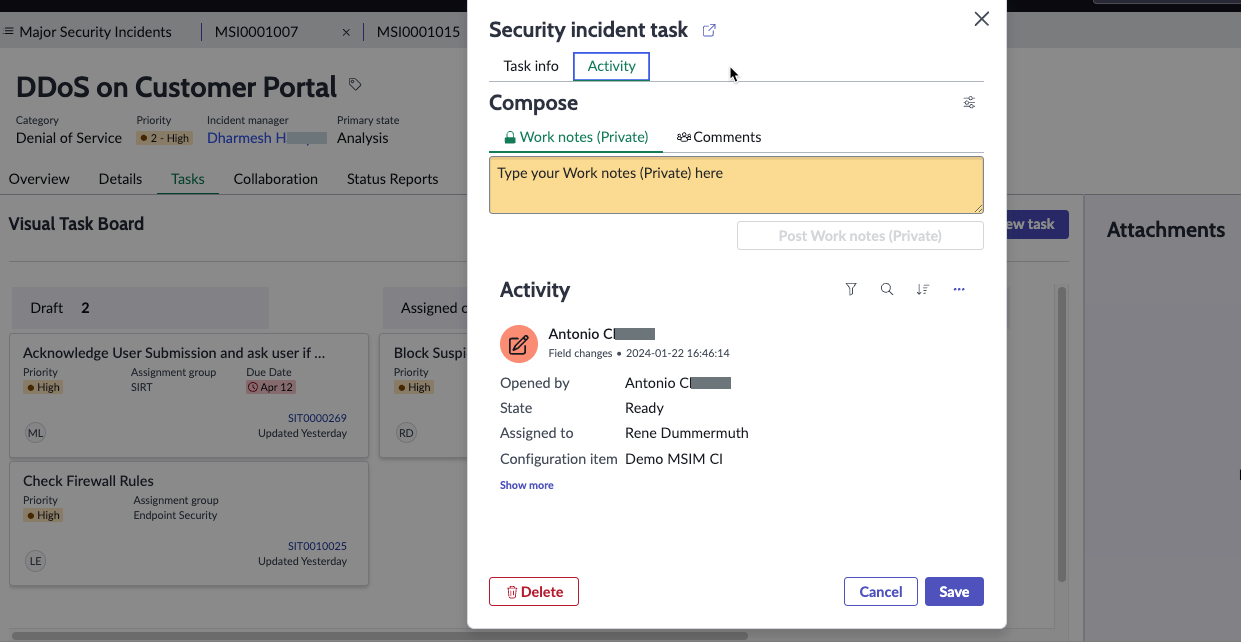 Activity section on the Visual Task board