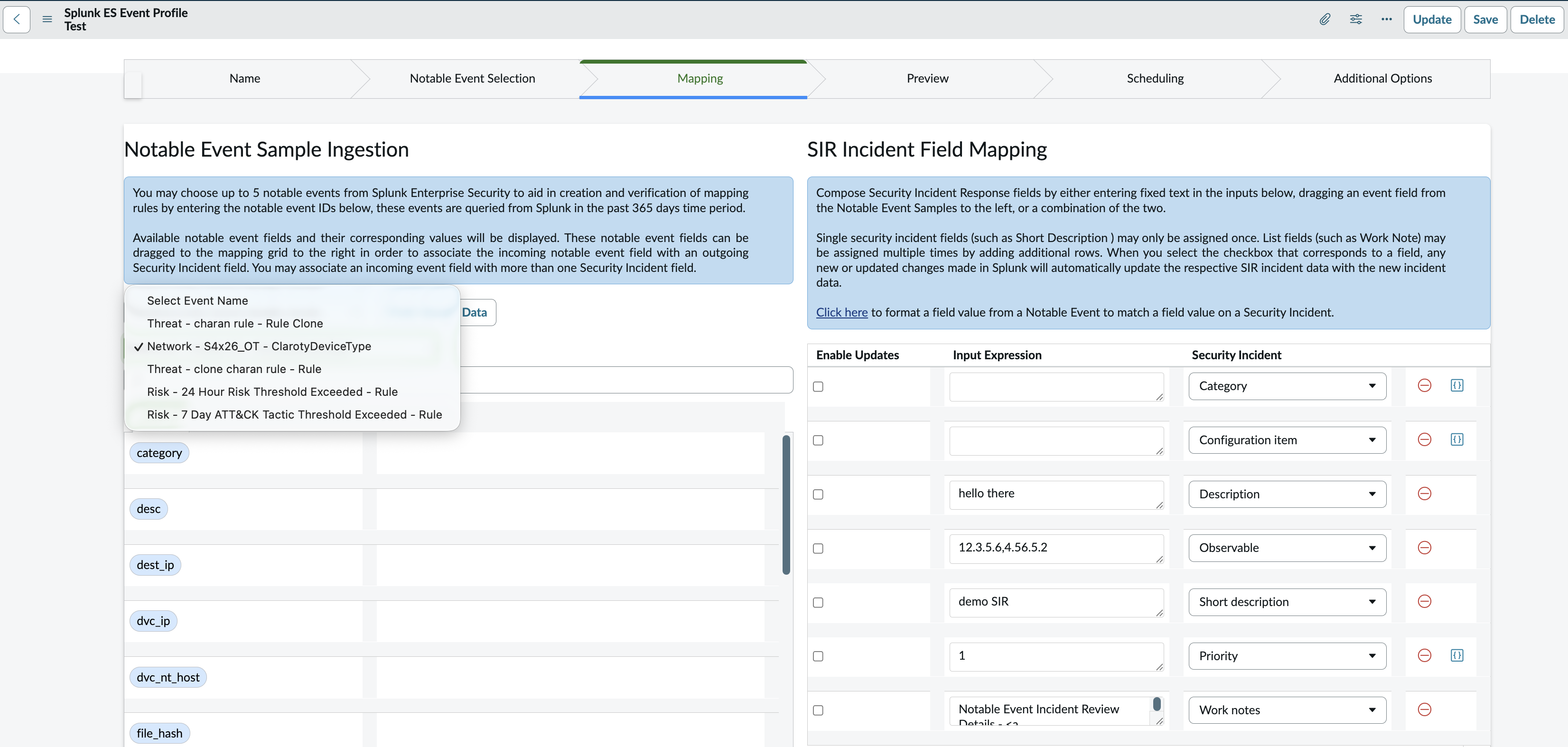 Default mapping for scheduled notable events