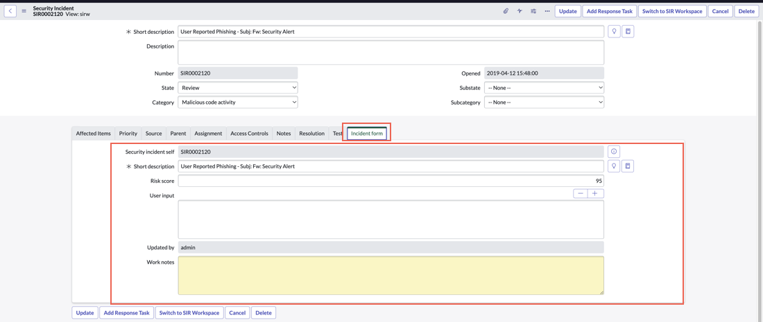Incident form tab highlighted