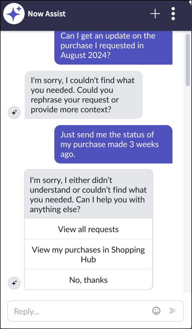 SPO の Now Assist仮想エージェントチャットで、このメッセージを表示する前にユーザーに 2 回指示します。