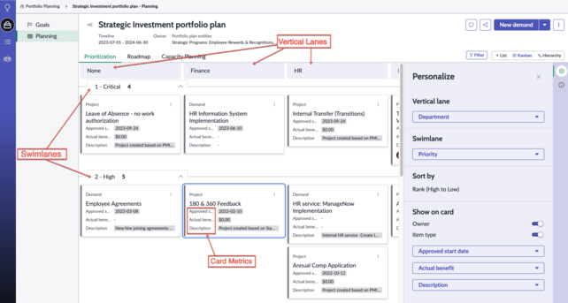 Kanban-Ansicht „Priorisierung“ im Arbeitsbereich für strategische Planung