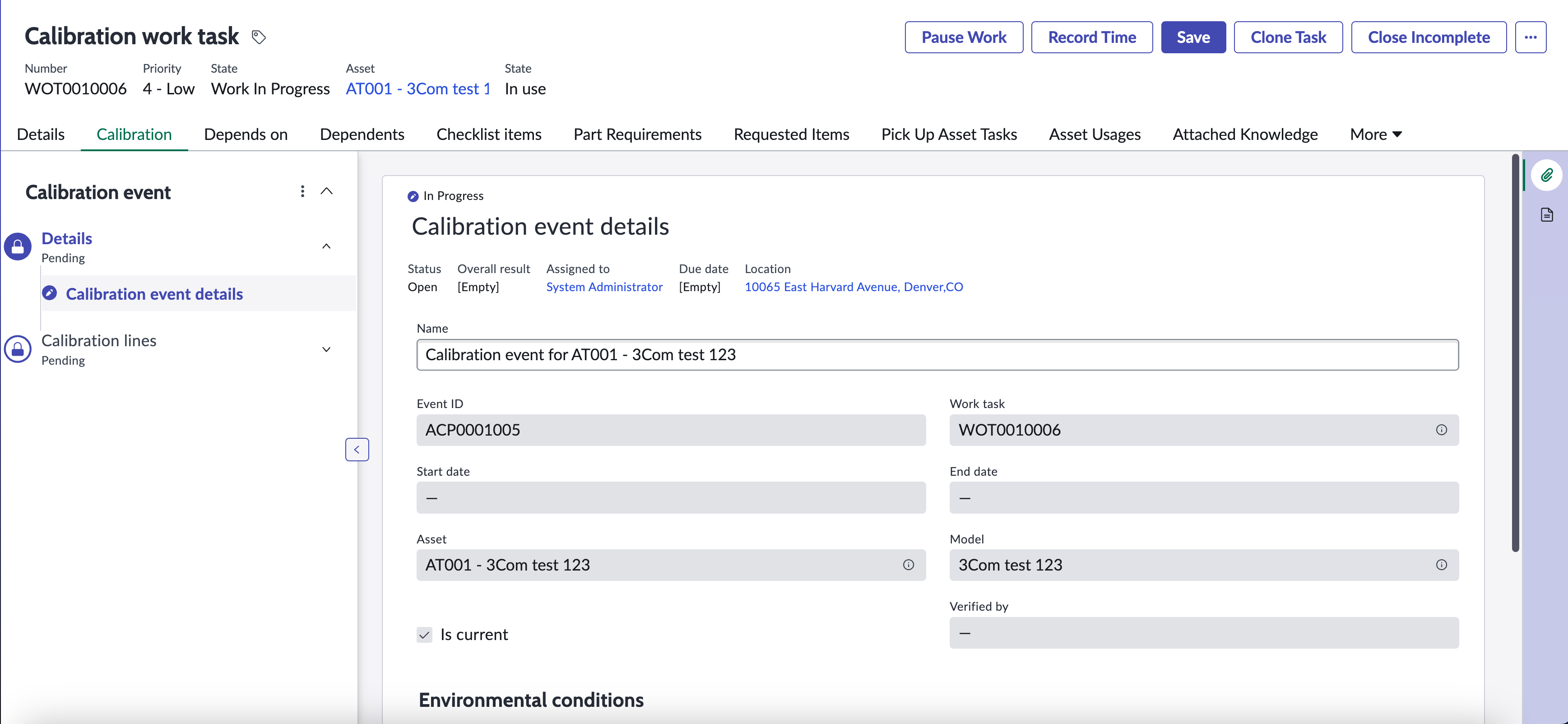 Calibration event playbook on a ServiceNow instance.