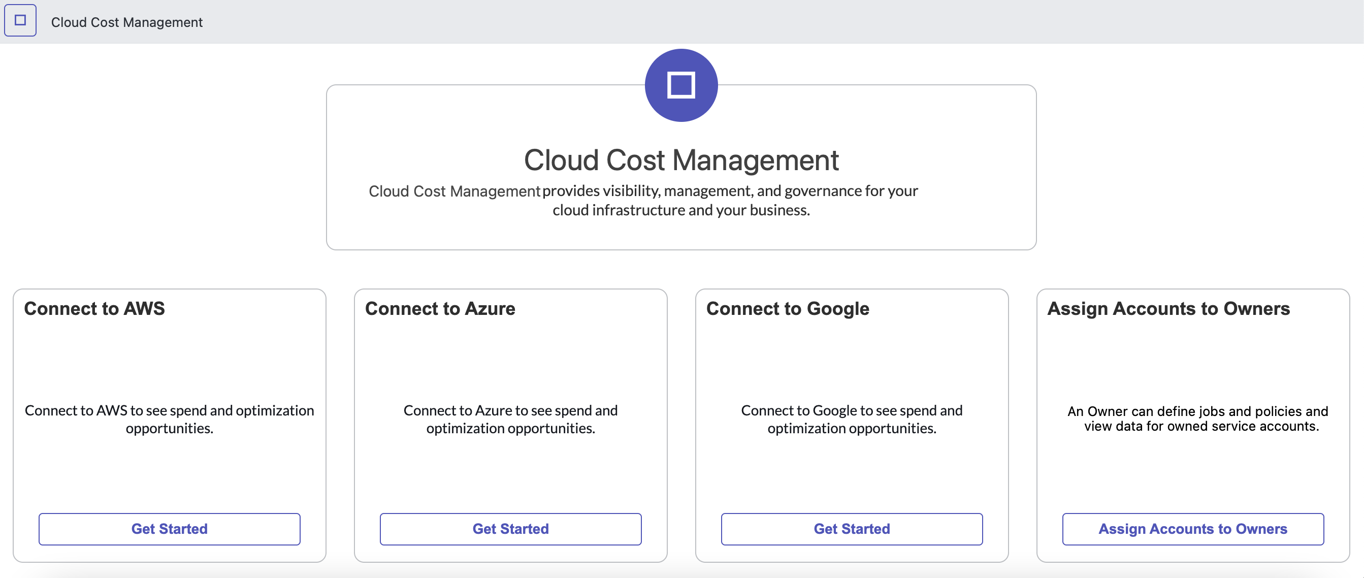 Initial home page of the Cloud Cost Management app