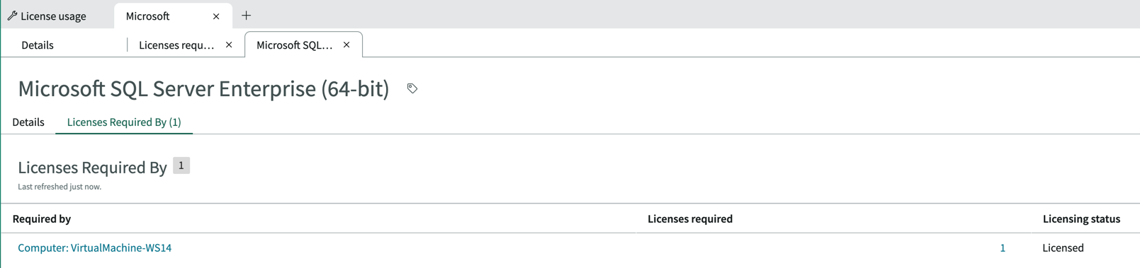 Licensing status of the software install on various hosts within a cluster.