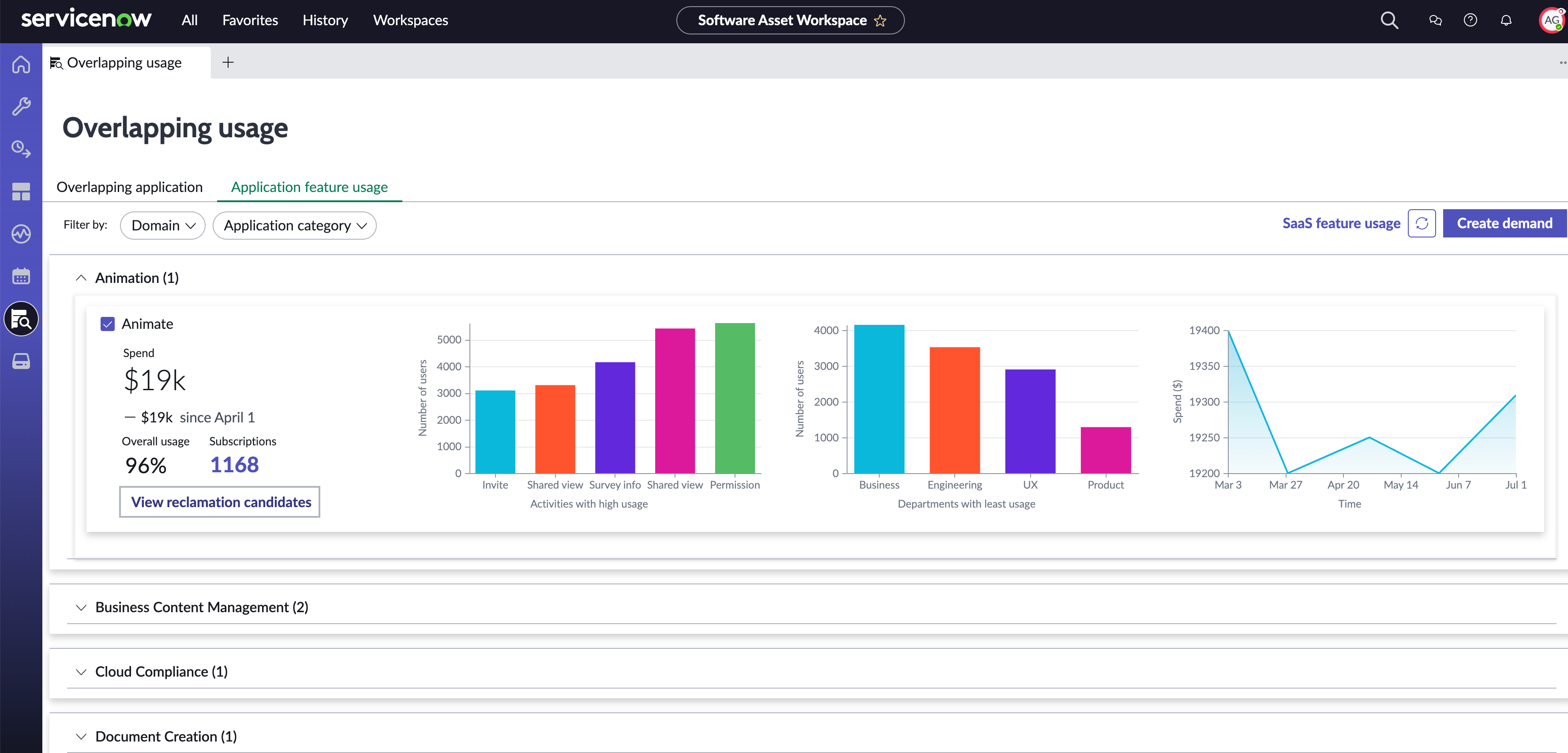 Application feature usage in the Overlapping usage view showing a list view of the application categories