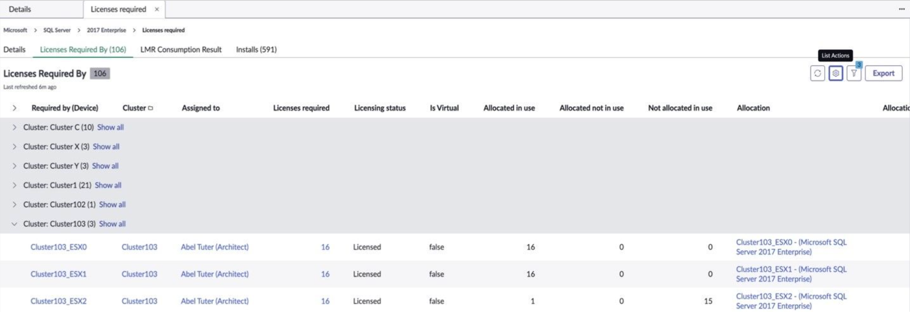Licenses Required By table displaying the allocated licenses.