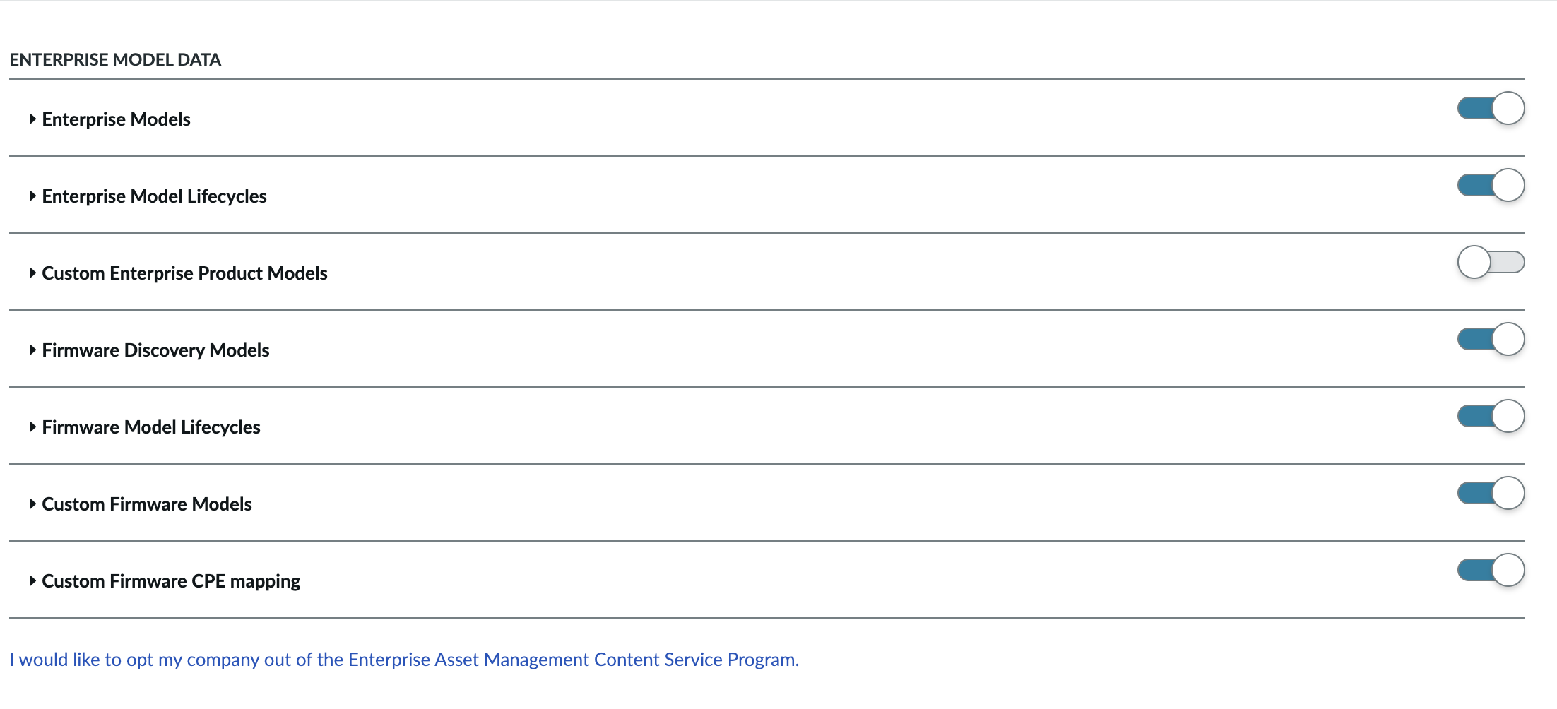 Opt-in page showing the enterprise model data