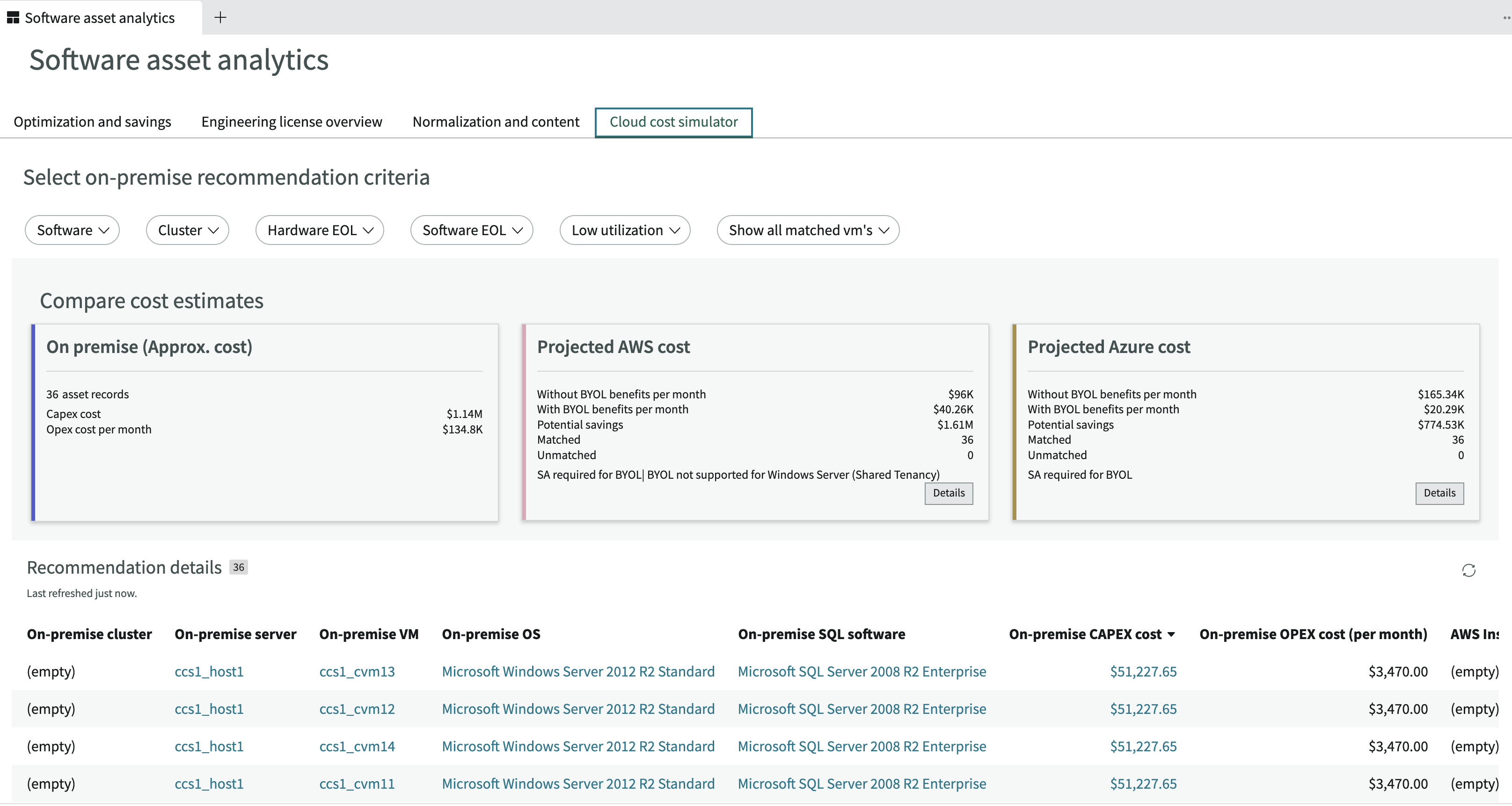 Cloud cost simulator dashboard.