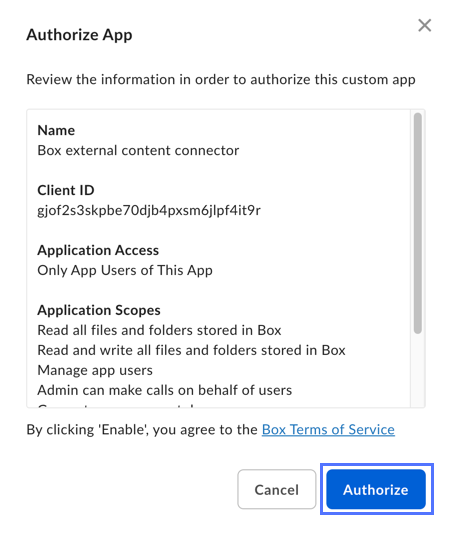 Authorize App screen in Box Admin UI portal.