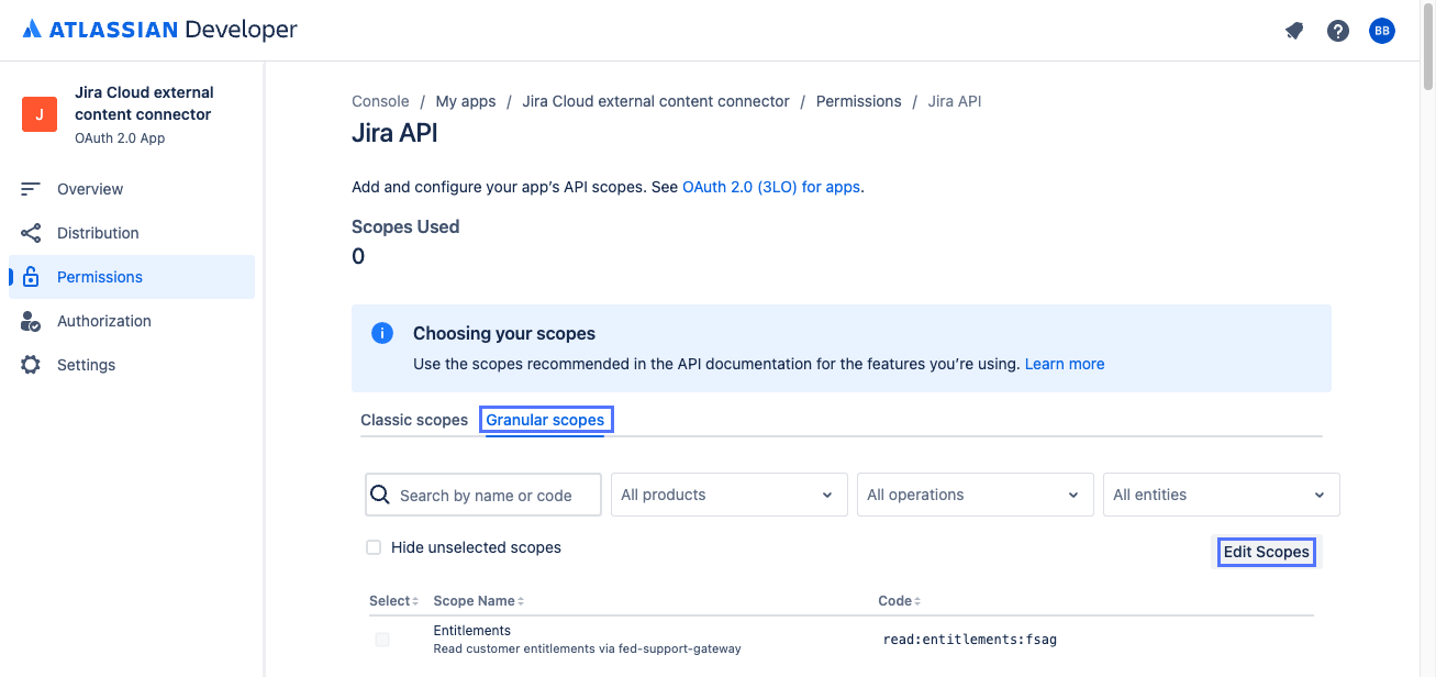 Atlassianの [スコープを編集] ボタン開発者コンソールの [権限] ページ。