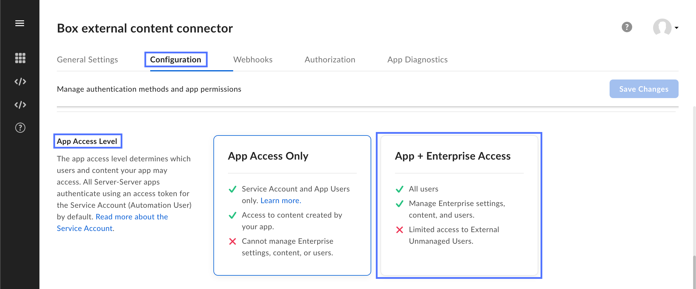 App Access Level configuration settings in Box developer console.