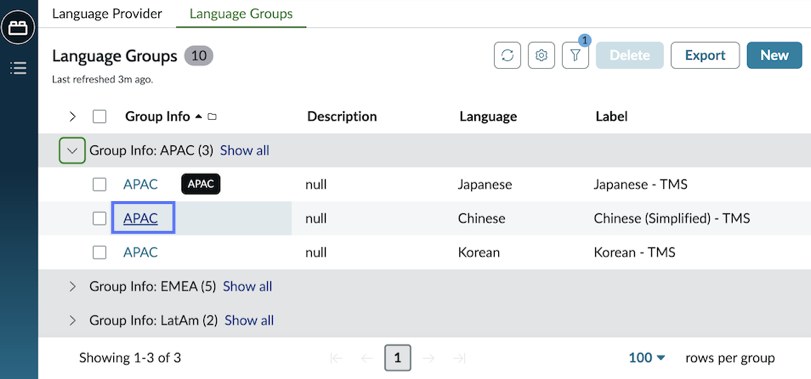 In the Language Groups tab, one group is expanded to show three rows. The group name in one of the rows is selected, so as to open a modal window.