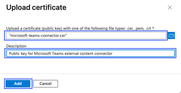 Microsoft Entra admin center の [証明書をアップロード] ダイアログボックス。