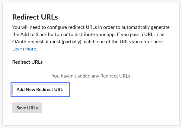 [OAuth と権限] の機能ページの [リダイレクト URL] セクションで、[新しいリダイレクト URL を追加] ボタンが強調表示されています。