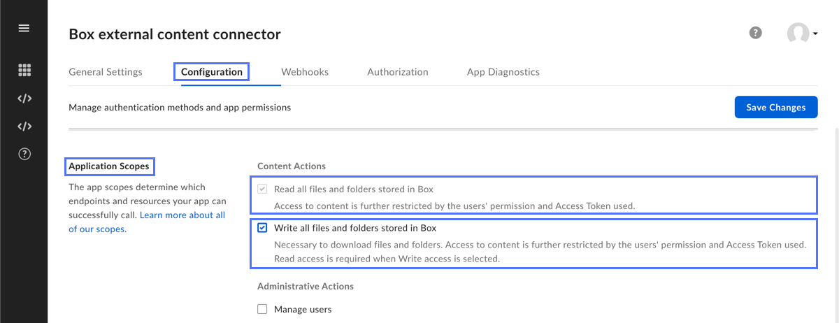 Application Scopes configuration settings in Box developer console.