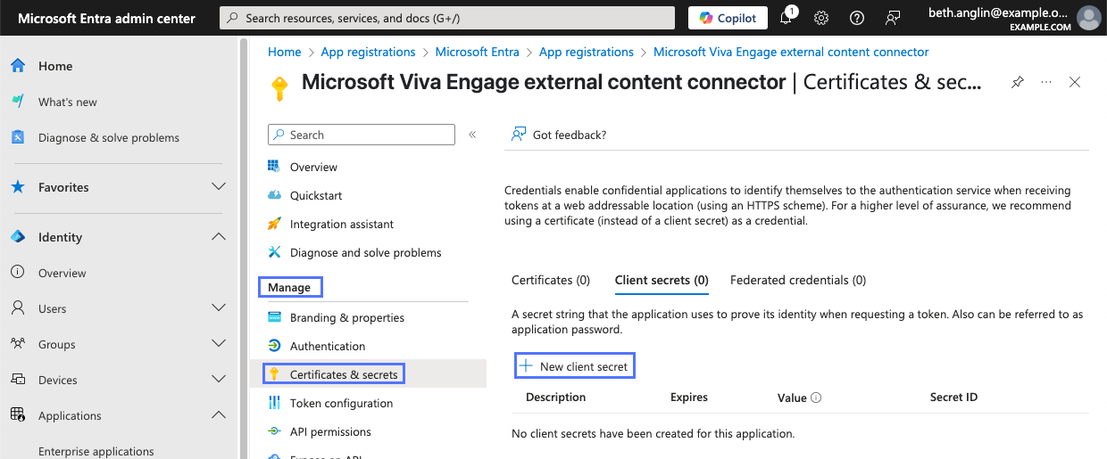 Application's client secrets list in Microsoft Entra admin center with New client secret link.