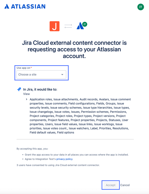 コネクタからのアカウントアクセス要求を表示するポップアップウィンドウAtlassian。