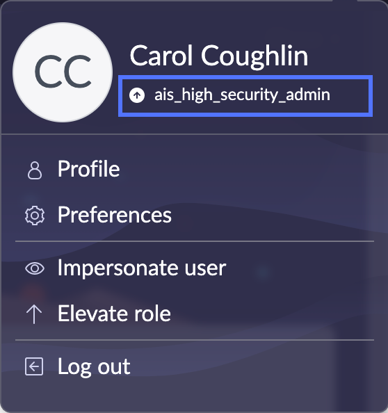 User menu showing elevated role indicator in Next Experience UI.