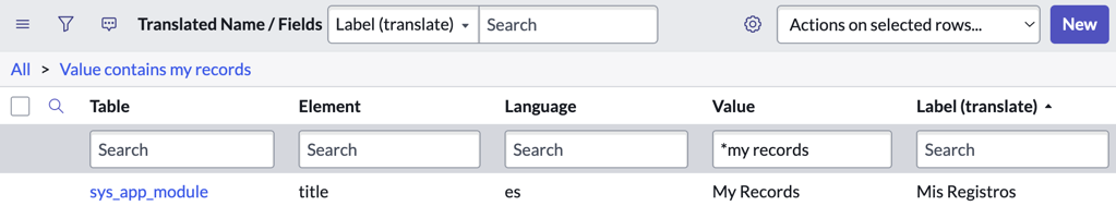 New record added to the Translated Name / Fields table for the field value translated into Spanish.