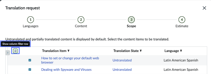 ステップ 2、スコープの翻訳要求ウィザード[列フィルター行を表示] トグルがハイライト表示されています。