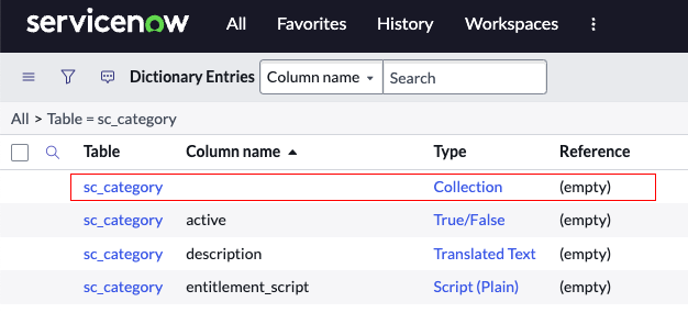 Dictionary Entry table showing a table's dictionary record with matching Table name, empty Column name and Type value of Collection.