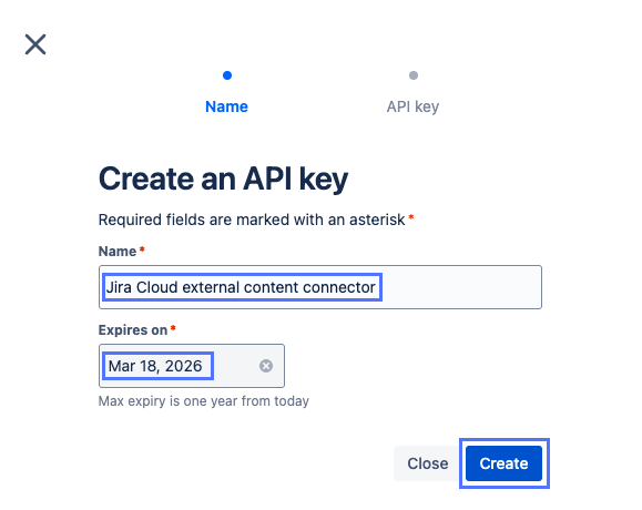 [API キー名] フィールド、[有効期限] フィールド、および Atlassian Administration コンソールダイアログボックスの [作成] ボタン。