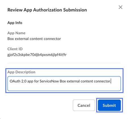 Review App Authorization Submission screen in Box developer console.