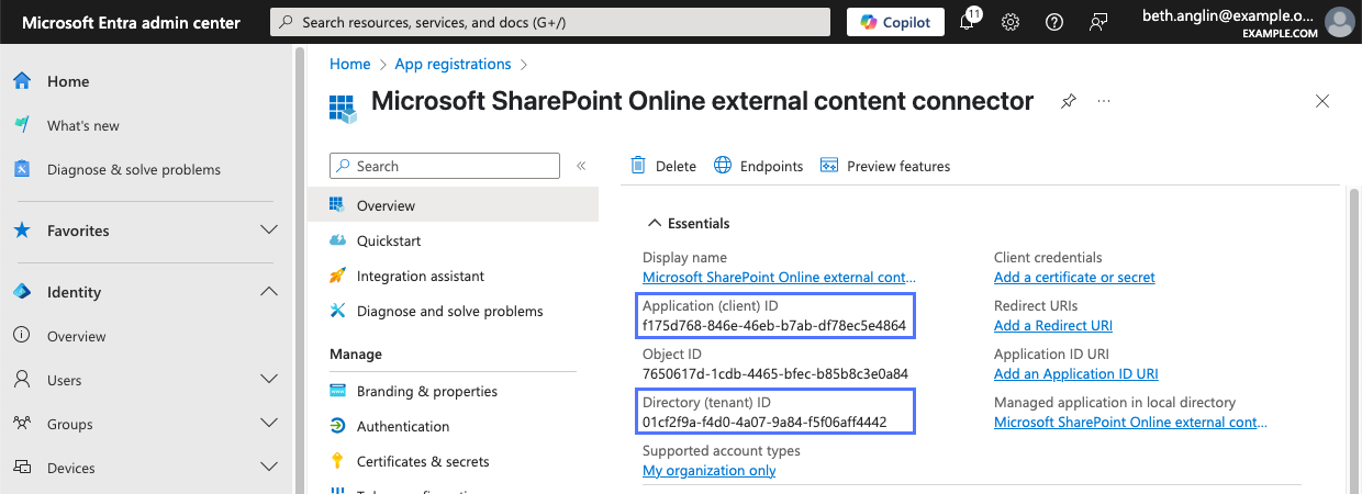 アプリケーション/クライアントおよびディレクトリ/テナント ID の値を表示するMicrosoft Entra admin centerのアプリケーションの概要ページ。