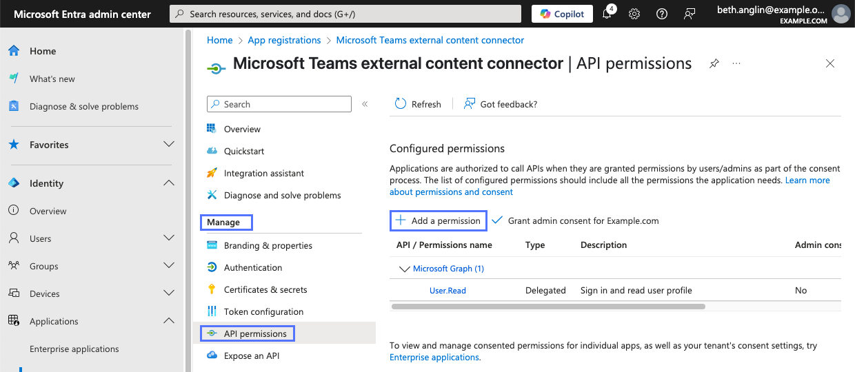 [権限を追加] リンクとMicrosoft Entra admin centerにあるアプリケーションの API 権限リスト。