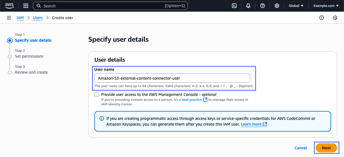 AWS での新規ユーザーのユーザー詳細ページの指定管理コンソール IAM Web サービス。