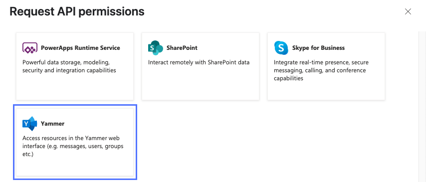 Request API permissions dialog box in Microsoft Entra admin center showing Yammer API tile.