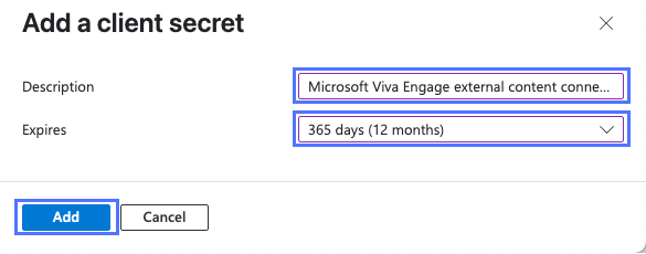 Add a client secret dialog box in Microsoft Entra admin center.