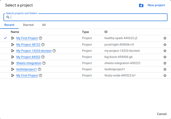 Creating a new project on Google Workspace.