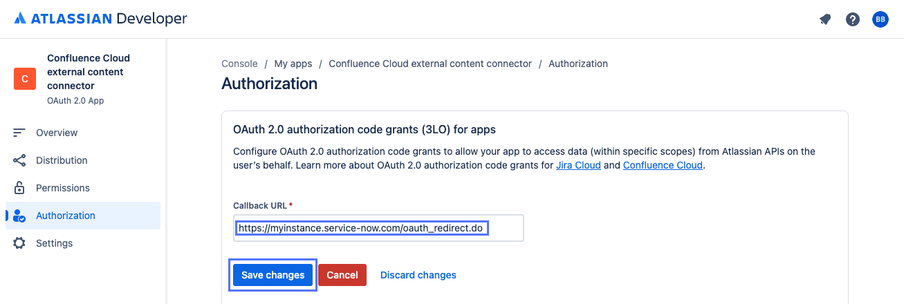 Atlassianの [コールバック URL] フィールドと [変更を保存] ボタン開発者コンソールの [認証] ページ。