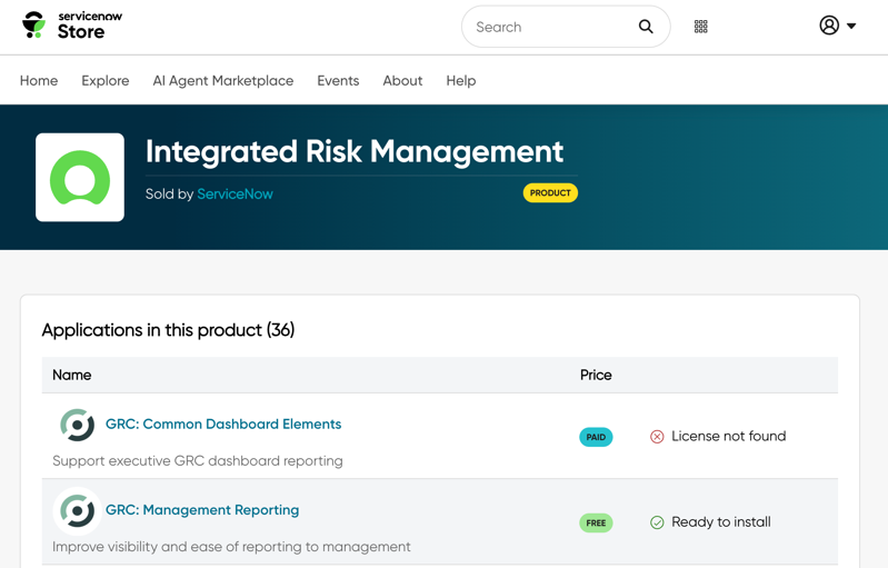 Some apps in the product Integrated Risk Management are labeled "Ready to install." Others are labeled "License not found" and require purchase.
