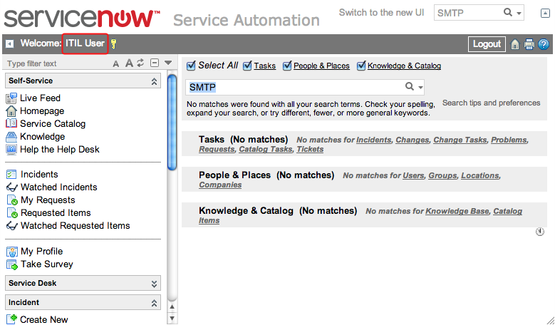 Empty search results page for ITIL user search in System Property table.