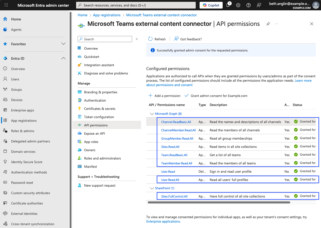 アドミンの同意が付与された追加の権限を示すMicrosoft Entra admin centerのアプリケーションの API 権限リスト。